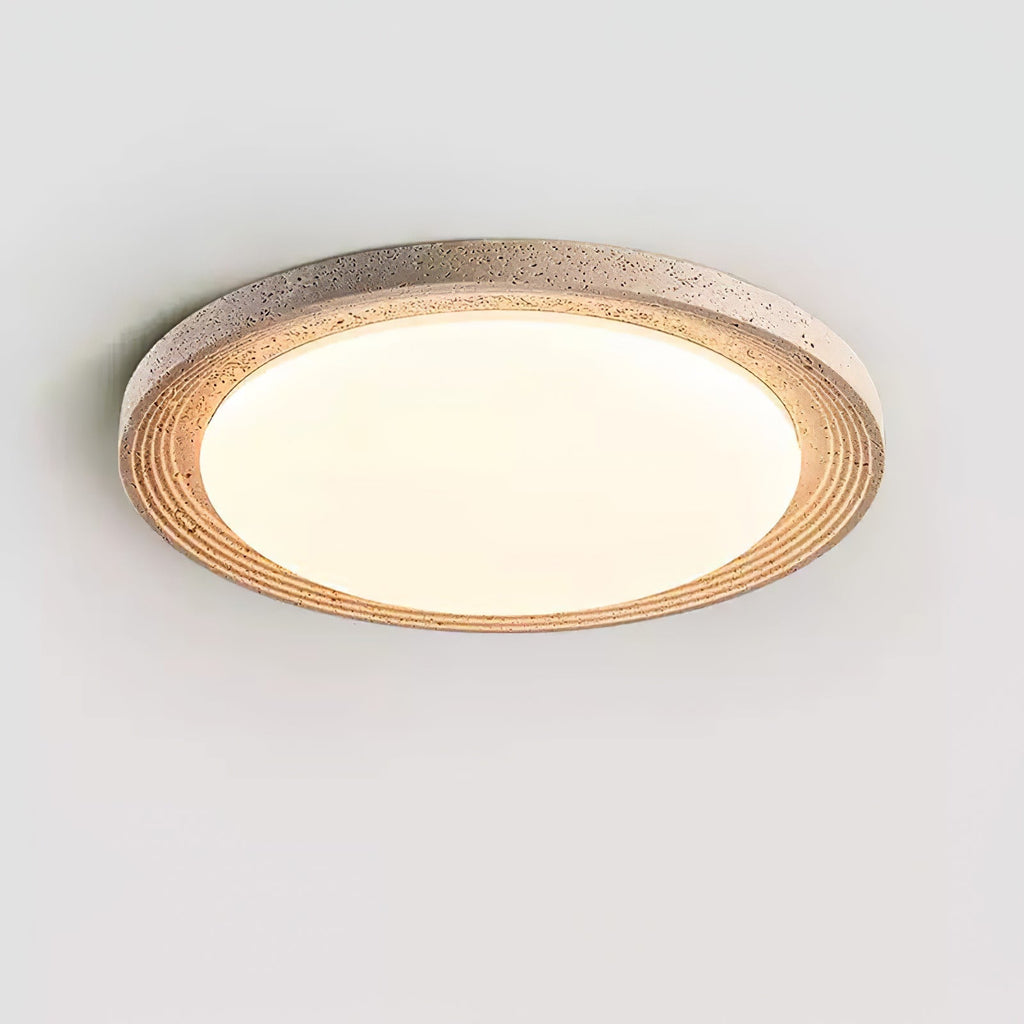 Travertine Flush Ceiling Light Round Textured Rim 16.9 in