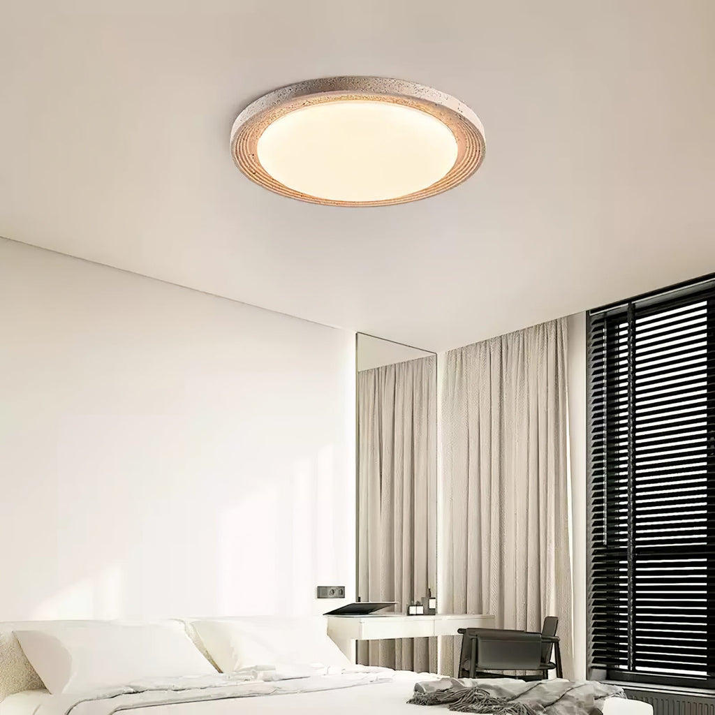 Travertine Flush Ceiling Light Round Textured Rim 16.9 in