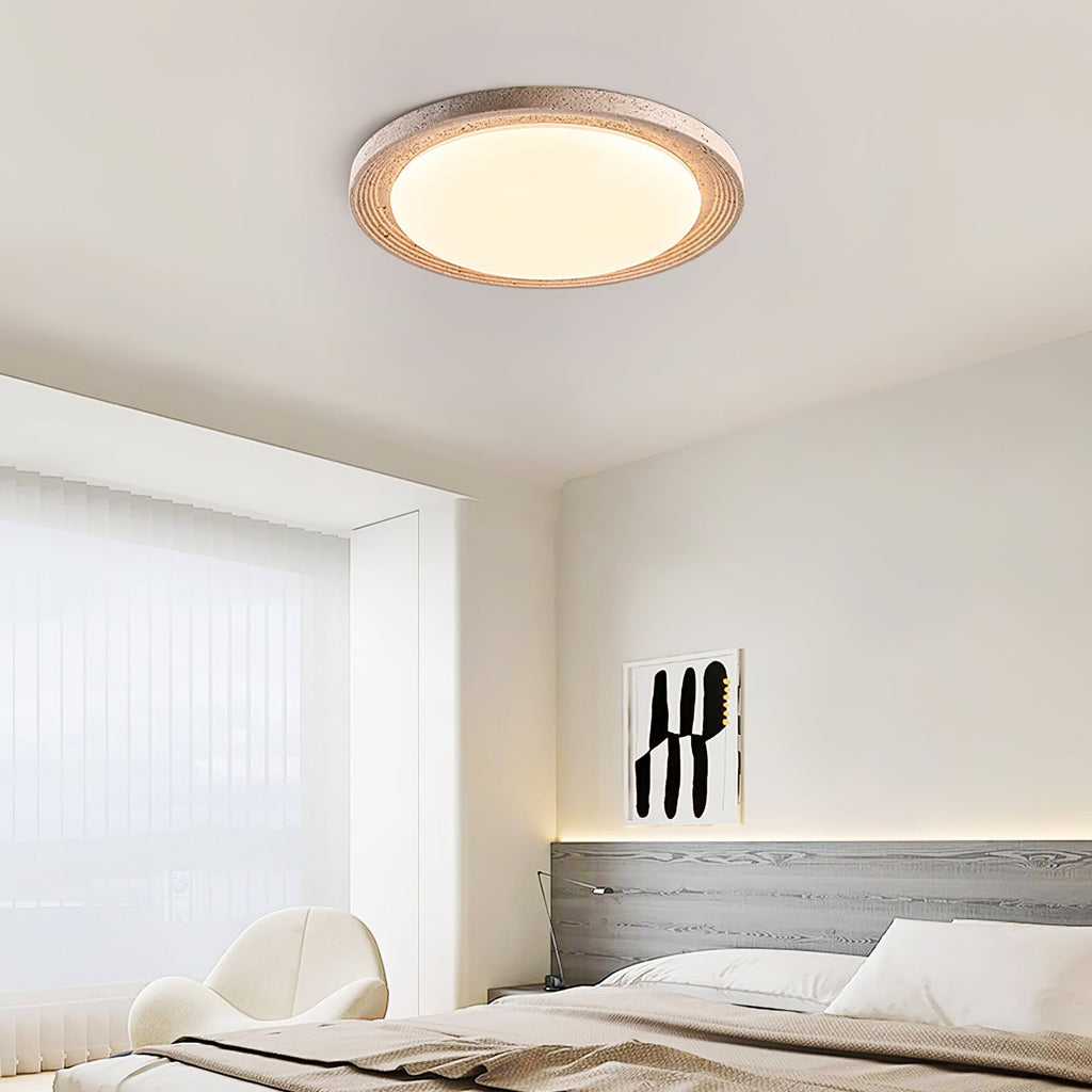 Travertine Flush Ceiling Light Round Textured Rim 16.9 in
