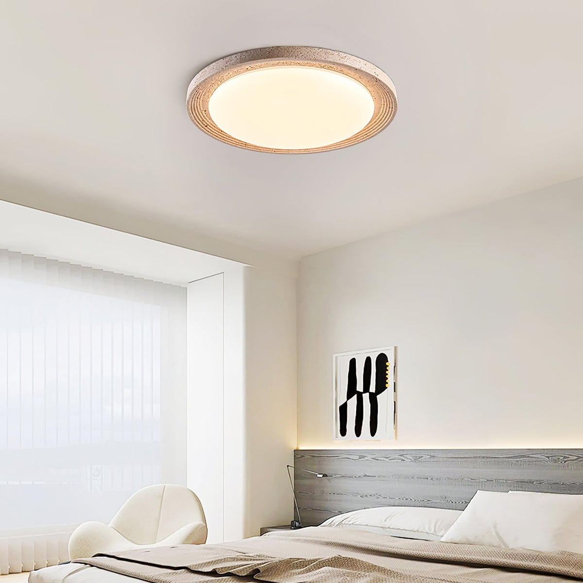 Travertine Flush Ceiling Light Round Textured Rim 16.9 in