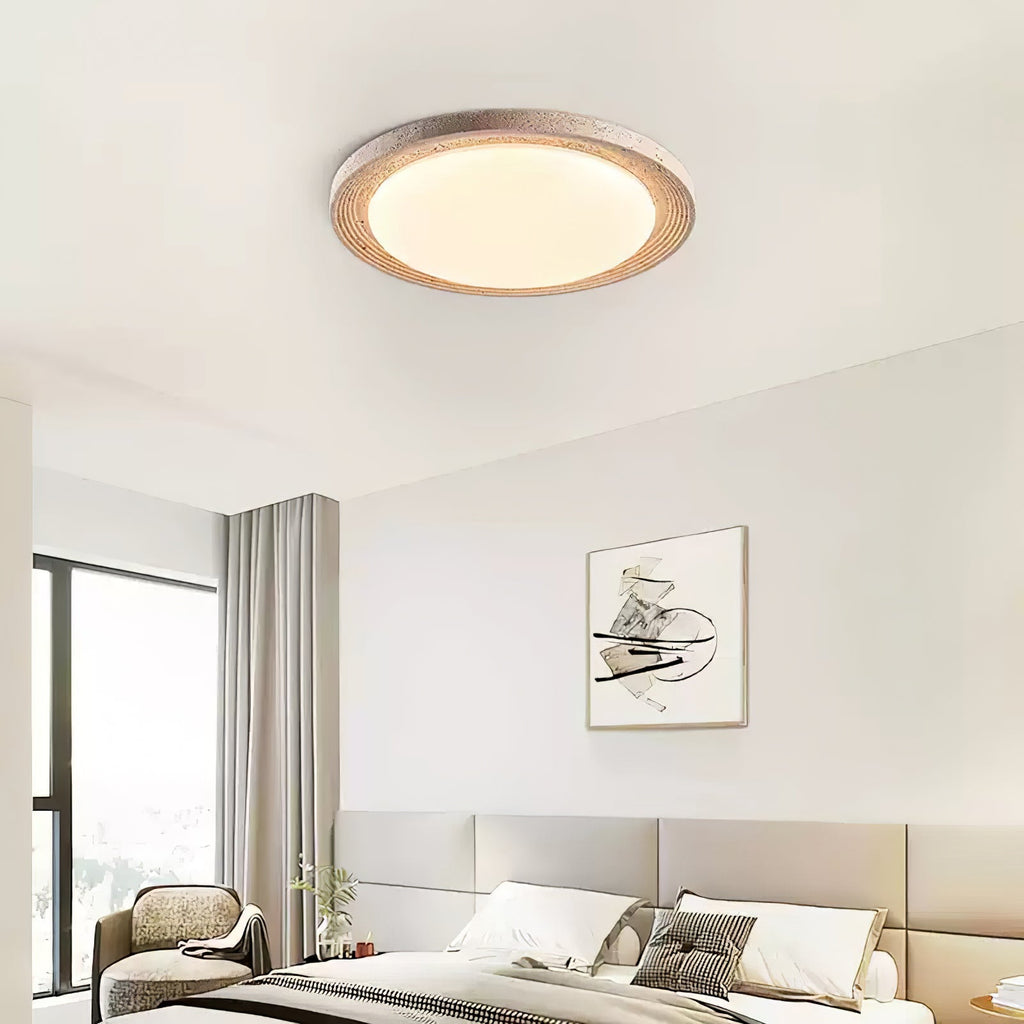 Travertine Flush Ceiling Light Round Textured Rim 16.9 in