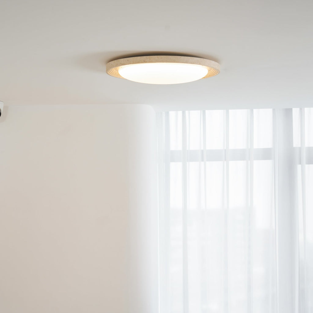 Travertine Flush Ceiling Light Round Textured Rim 16.9 in