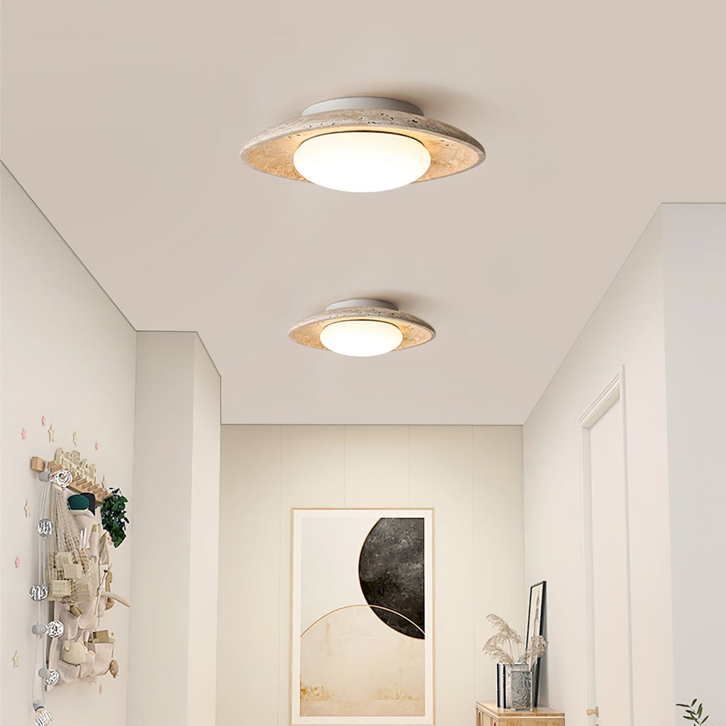 Travertine Flush Mount Ceiling Light Oval Stone Ring 11 in