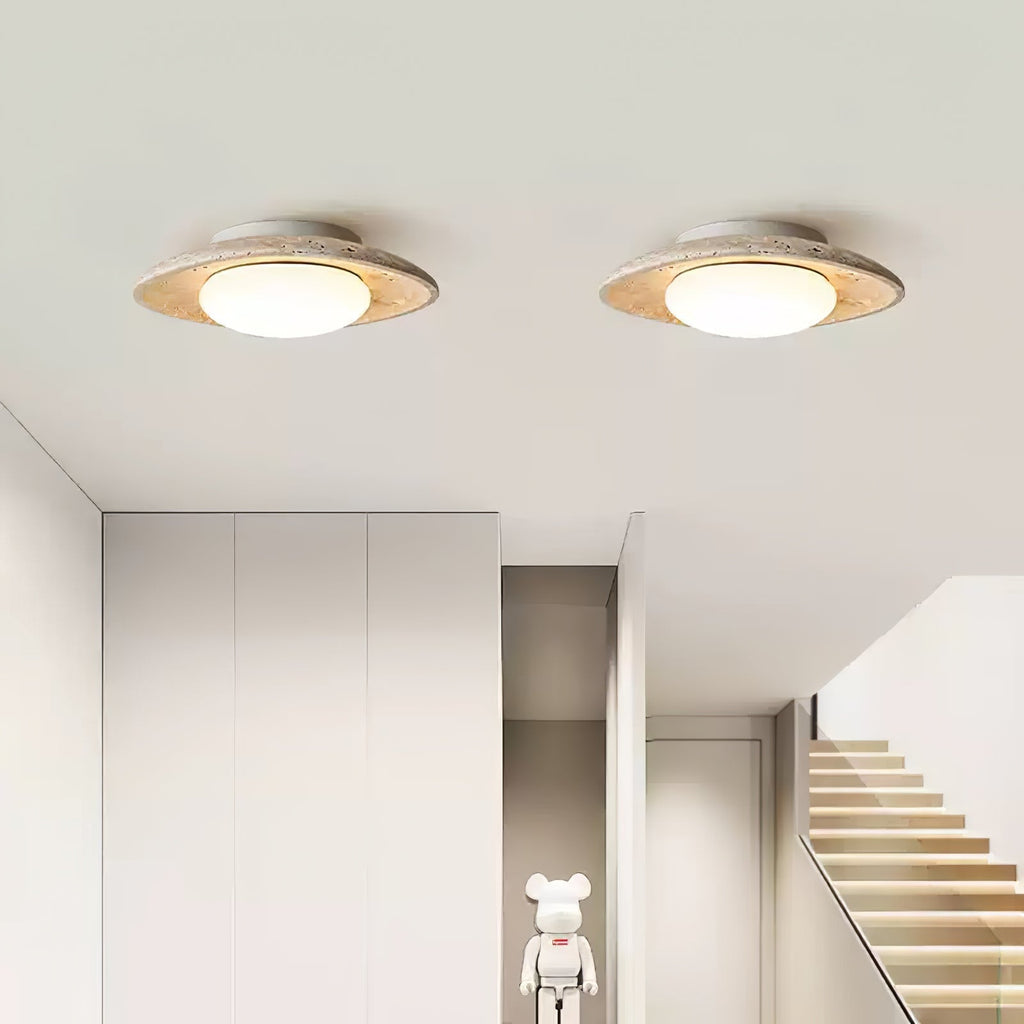 Travertine Flush Mount Ceiling Light Oval Stone Ring 11 in