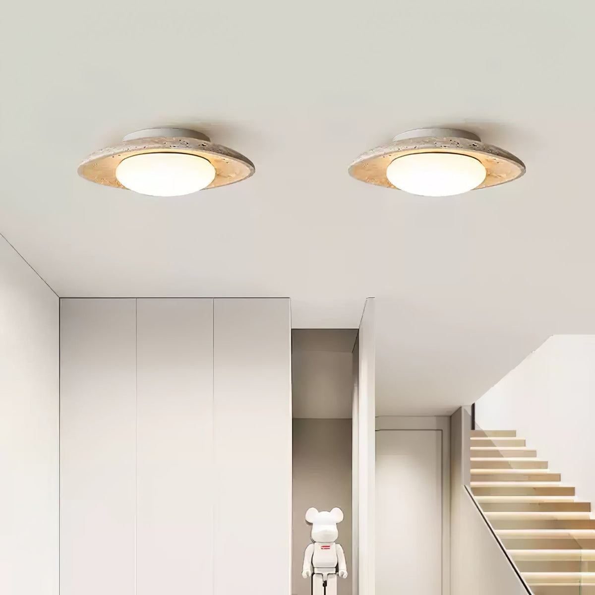 Travertine Flush Mount Ceiling Light Oval Stone Ring 11 in