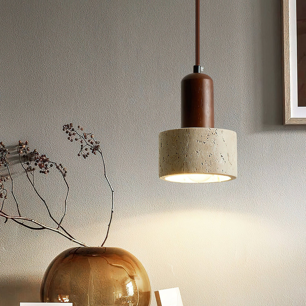 Travertine Mini Pendant Light Walnut Wood 4.7 in