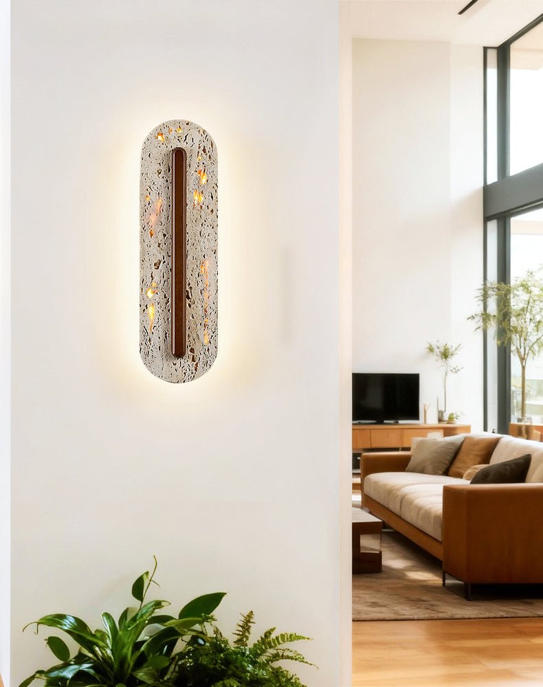 Travertine Oval Wall Sconce Walnut Color Light Slot 13.8 in Set of 2