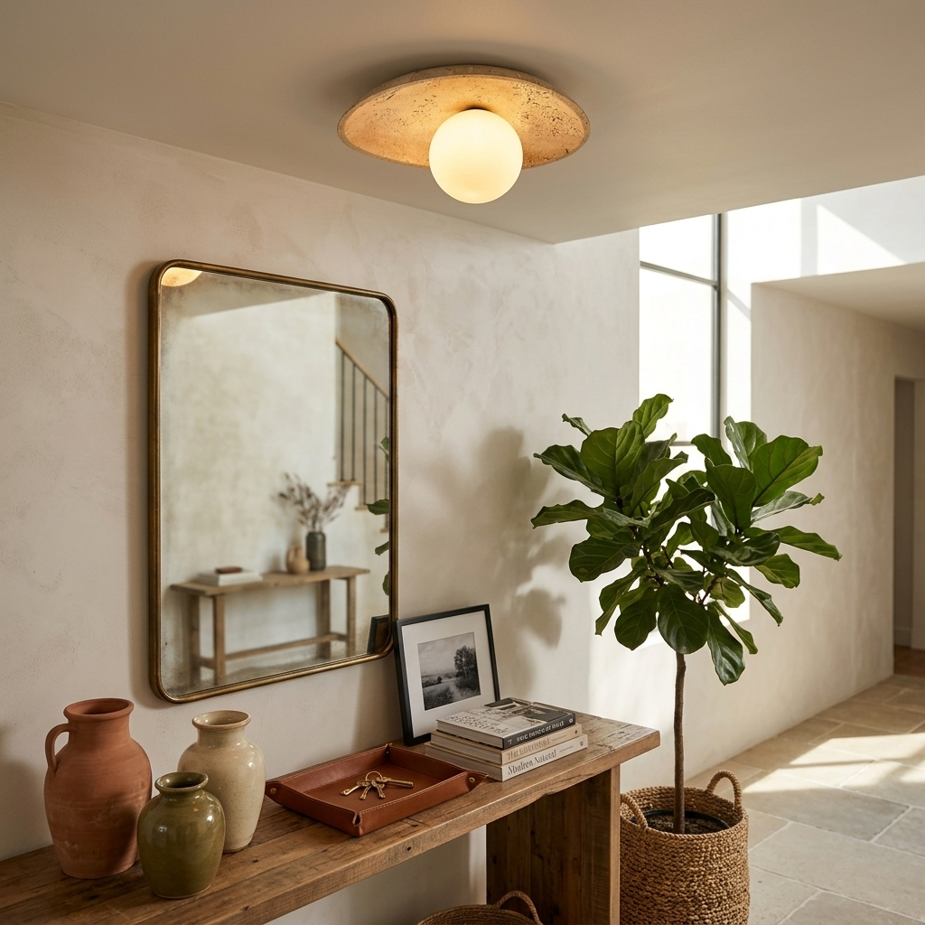 Travertine Pebble Flush Mount Ceiling Light Opal Glass 9.8 in