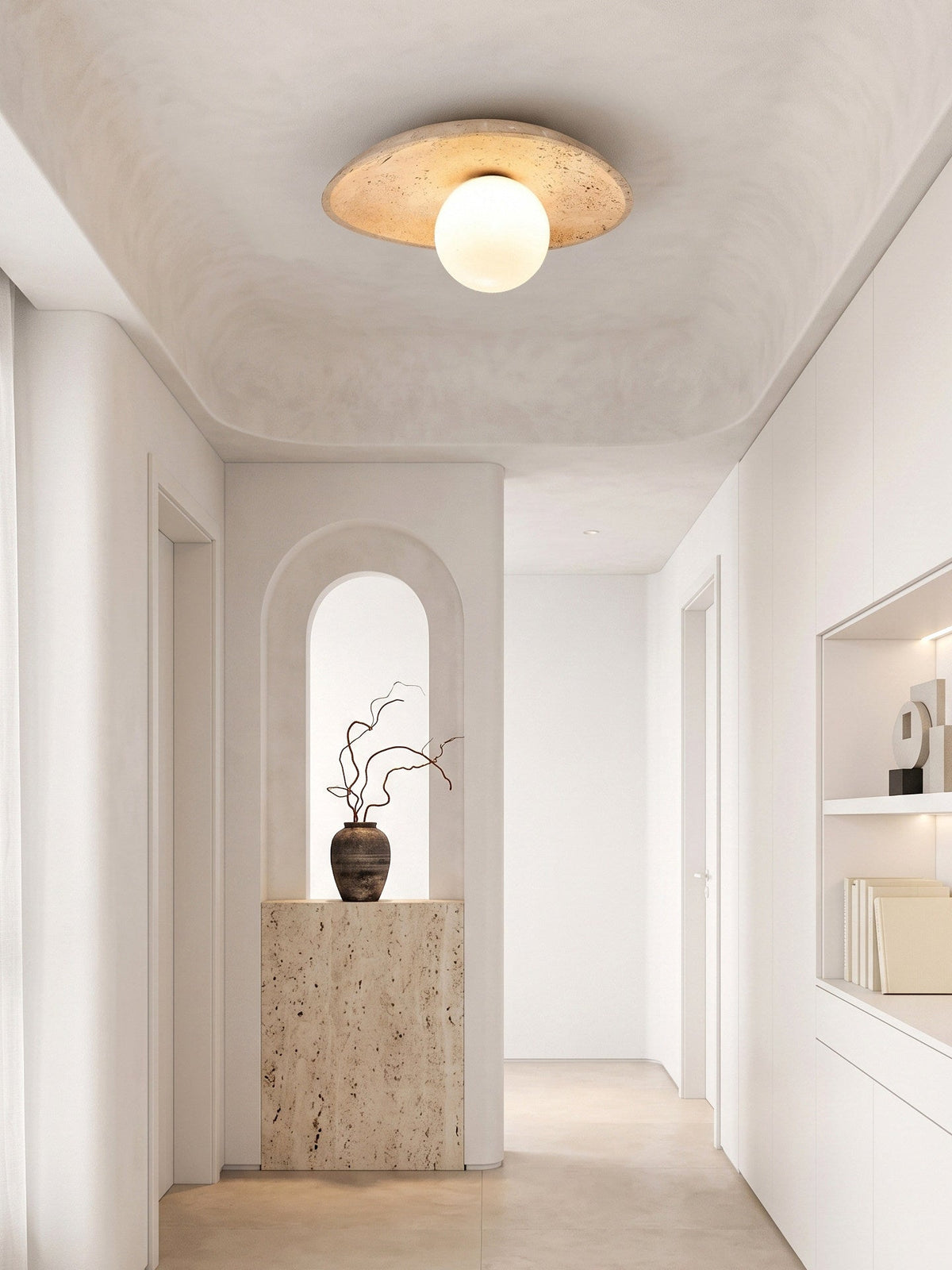 Travertine Pebble Flush Mount Ceiling Light Opal Glass 9.8 in