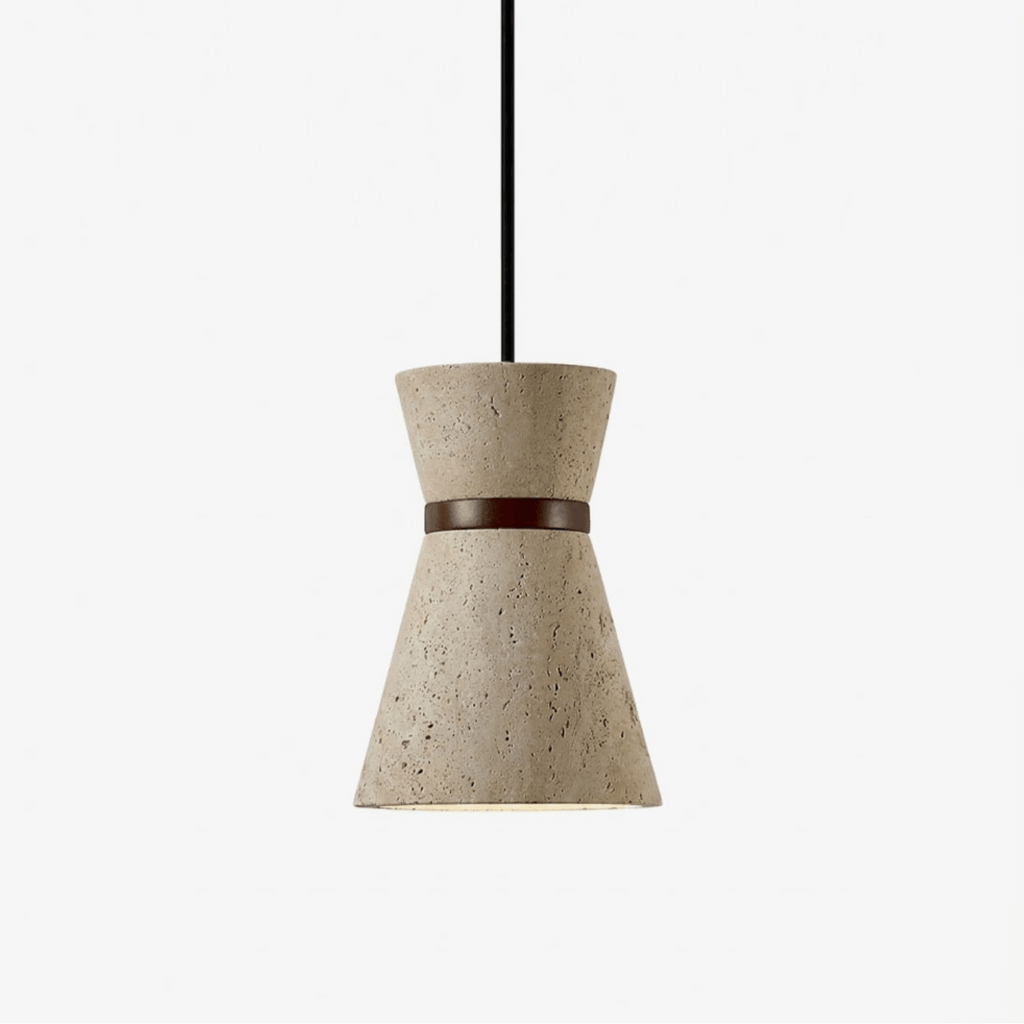 Travertine Pendant Light Hourglass Stone and Wood 5.1 in Set of 2
