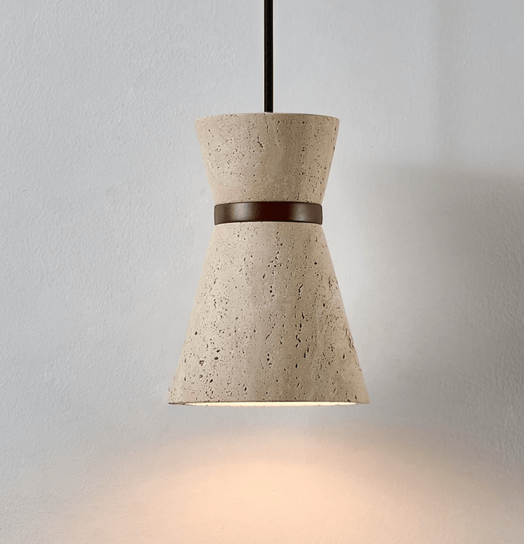 Travertine Pendant Light Hourglass Stone and Wood 5.1 in Set of 2