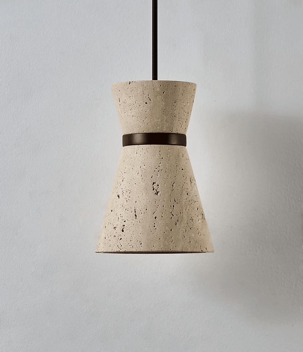 Travertine Pendant Light Hourglass Stone and Wood 5.1 in Set of 2