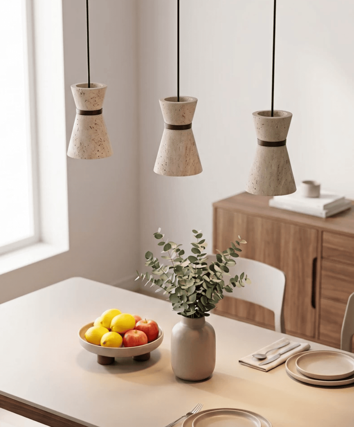 Travertine Pendant Light Hourglass Stone and Wood 5.1 in Set of 2