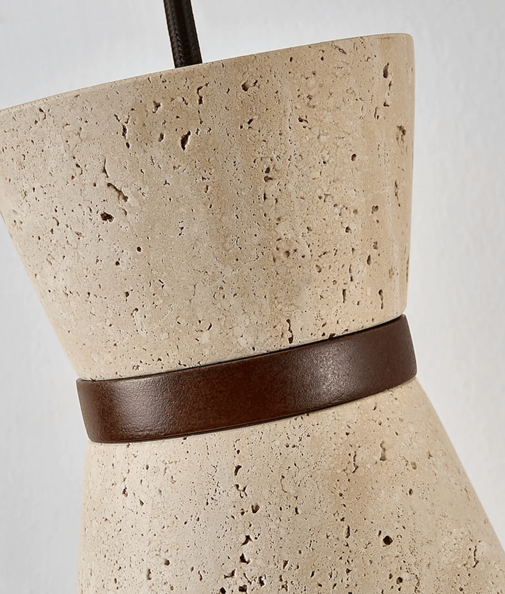 Travertine Pendant Light Hourglass Stone and Wood 5.1 in Set of 2