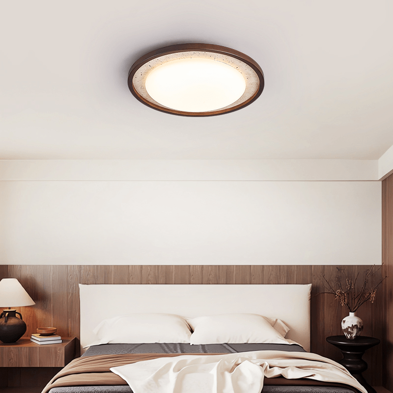 Travertine Ring Ceiling Light Walnut Frame LED 18.5 in Set of 2