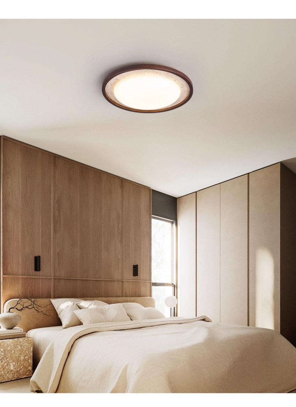 Travertine Ring Ceiling Light Walnut Frame LED 18.5 in Set of 2