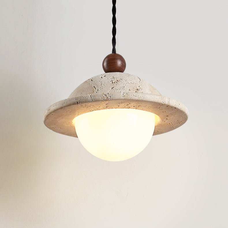 Travertine Saucer Pendant Light Walnut Bead 7.1 in