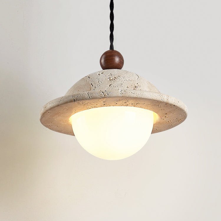 Travertine Saucer Pendant Light Walnut Bead 7.1 in