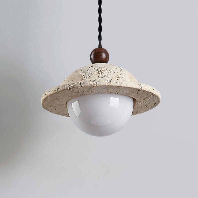 Travertine Saucer Pendant Light Walnut Bead 7.1 in