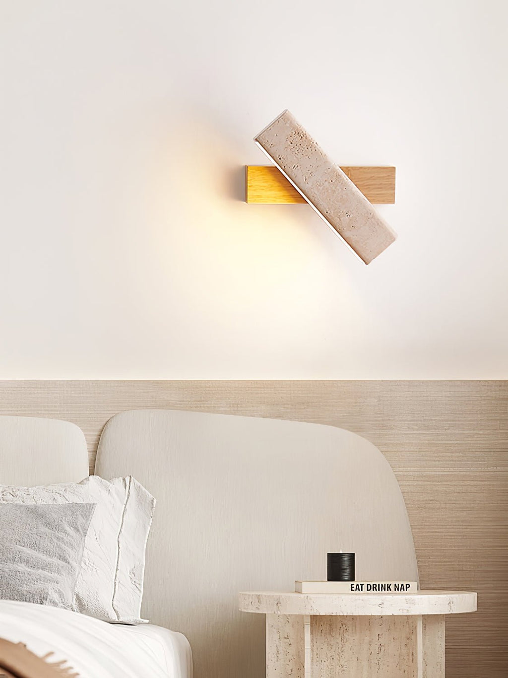 Travertine Wall Lamp Angled Stone Bar on Wood 7.1 in Set of 2