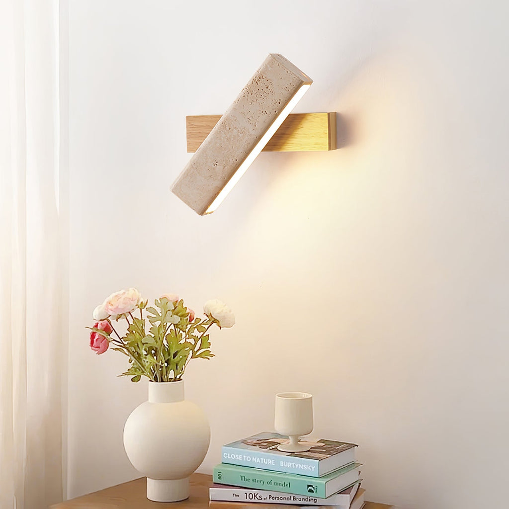 Travertine Wall Lamp Angled Stone Bar on Wood 7.1 in Set of 2