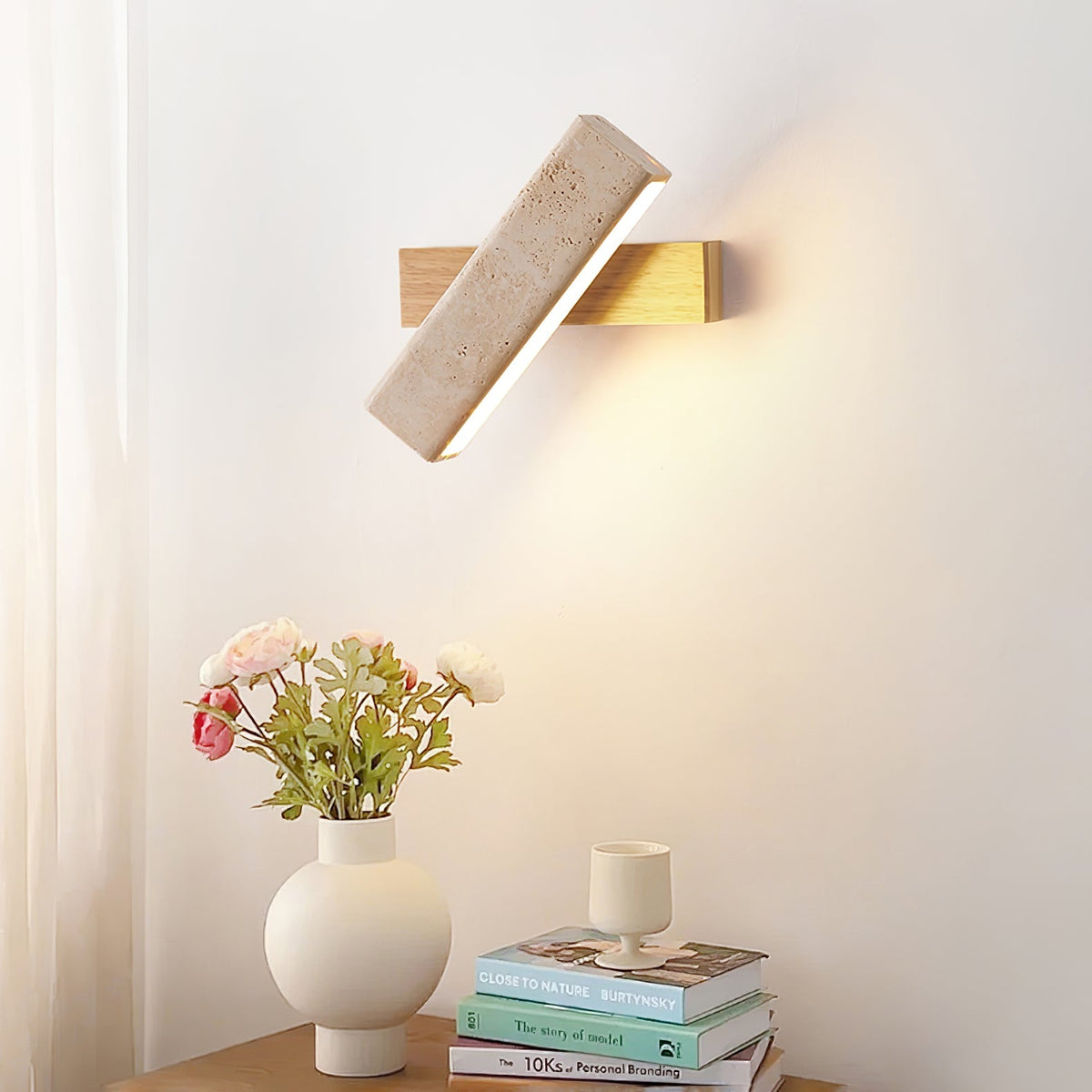 Travertine Wall Lamp Angled Stone Bar on Wood 7.1 in Set of 2