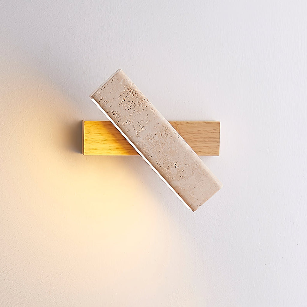 Travertine Wall Lamp Angled Stone Bar on Wood 7.1 in Set of 2