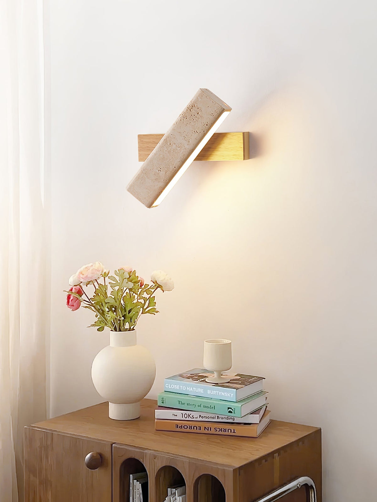 Travertine Wall Lamp Angled Stone Bar on Wood 7.1 in Set of 2