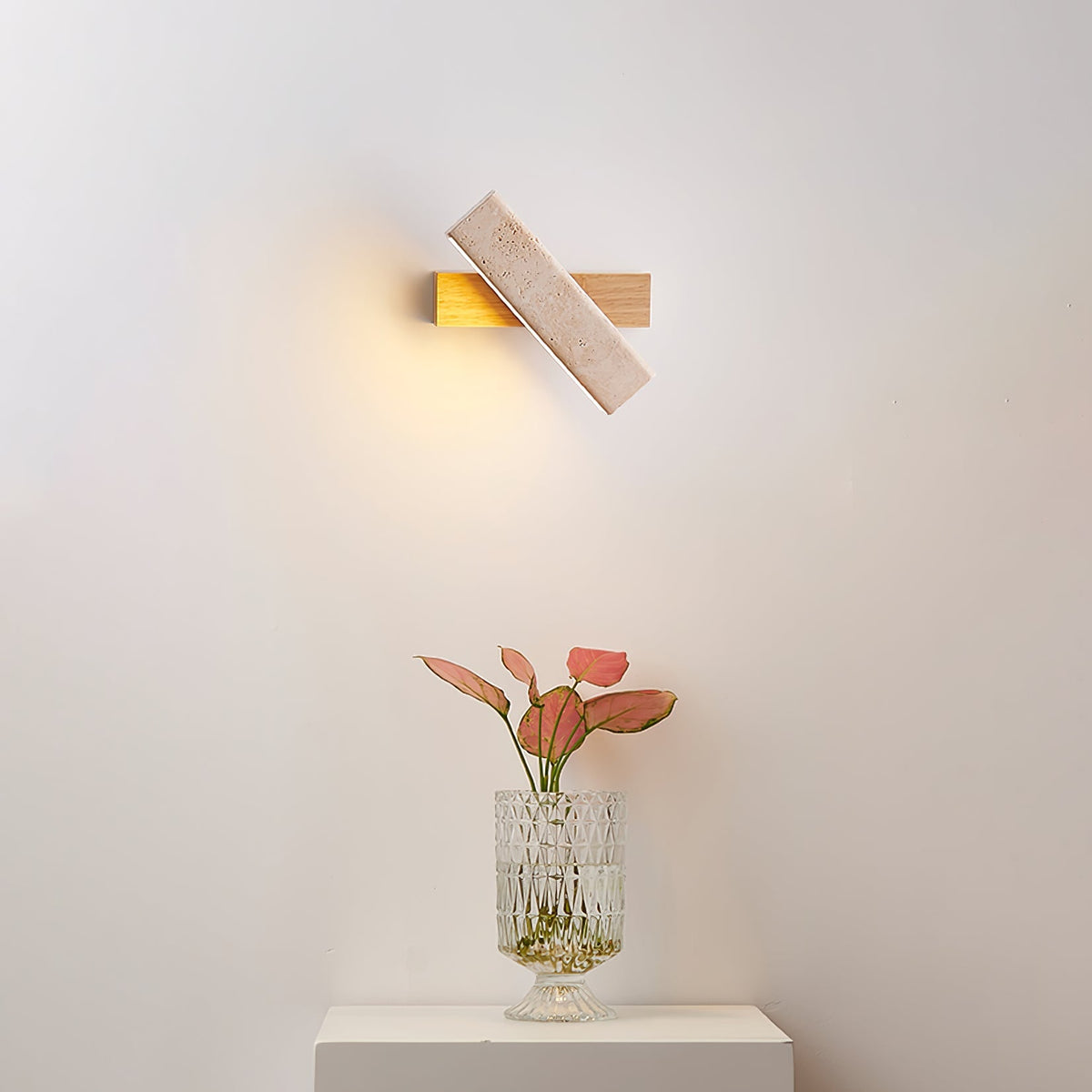 Travertine Wall Lamp Angled Stone Bar on Wood 7.1 in Set of 2