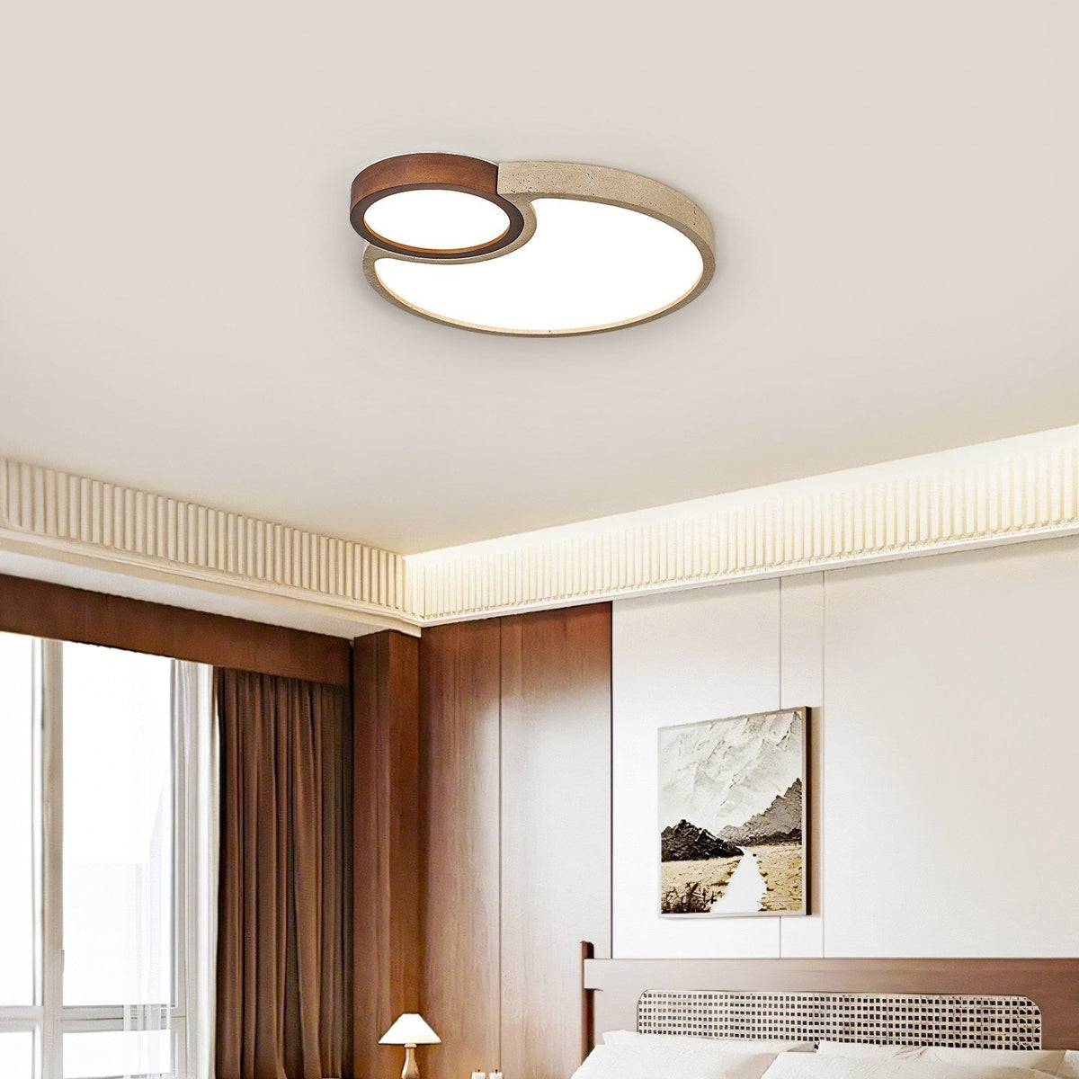 Travertine Walnut LED Flush Ceiling Light Double Ring 20.5 in Set of 2