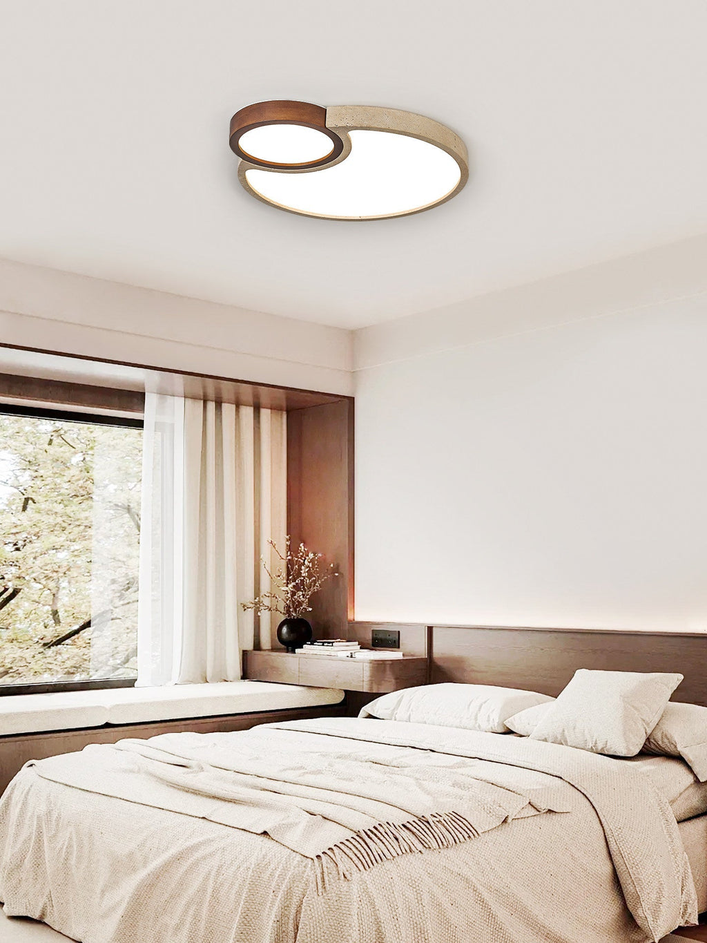 Travertine Walnut LED Flush Ceiling Light Double Ring 20.5 in Set of 2