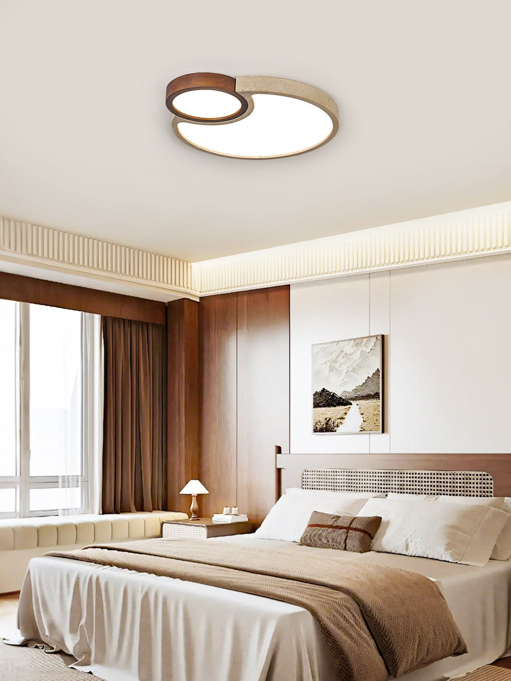 Travertine Walnut LED Flush Ceiling Light Double Ring 20.5 in Set of 2