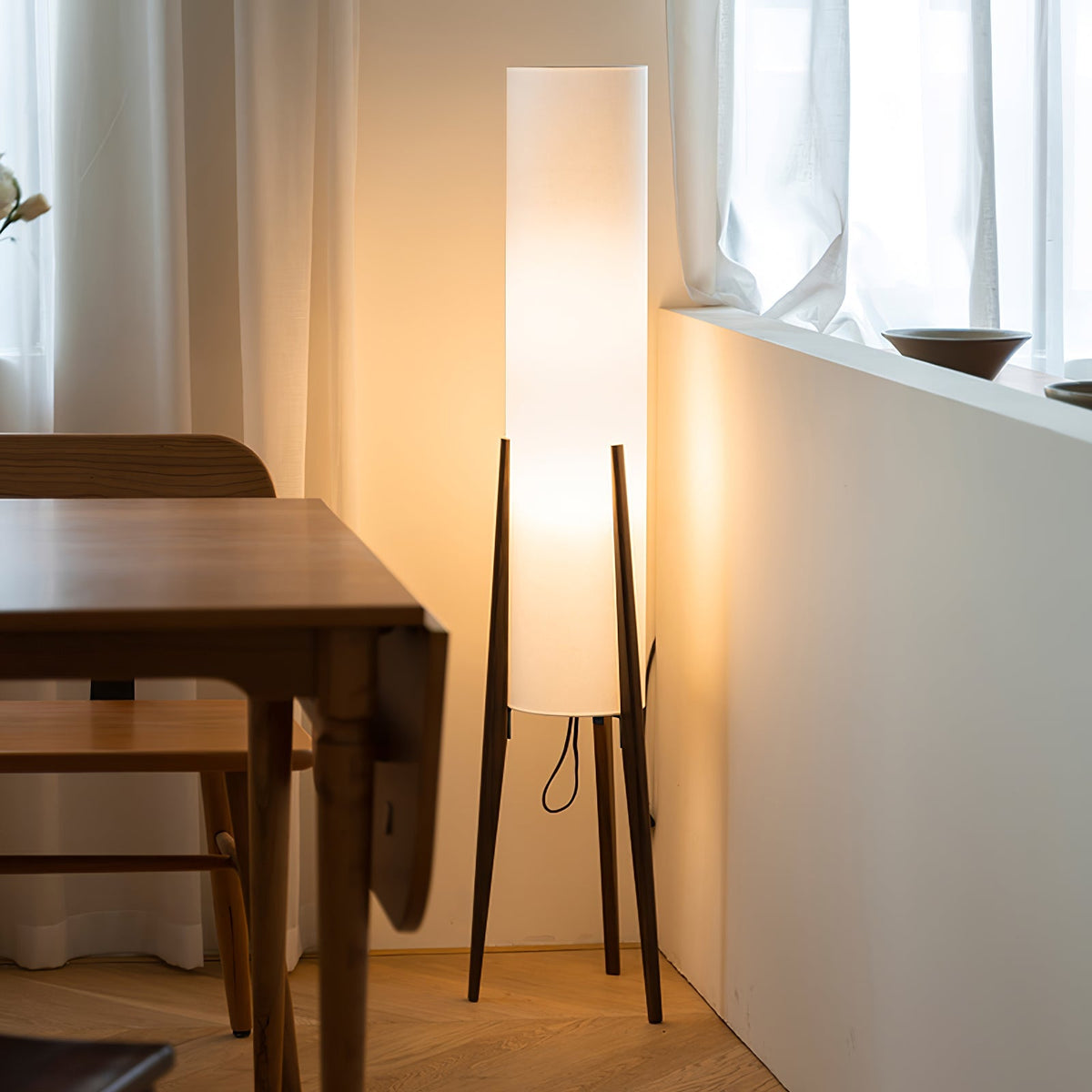 Tripod Wood Floor Lamp White Cylinder Shade 51.2 in Set of 3
