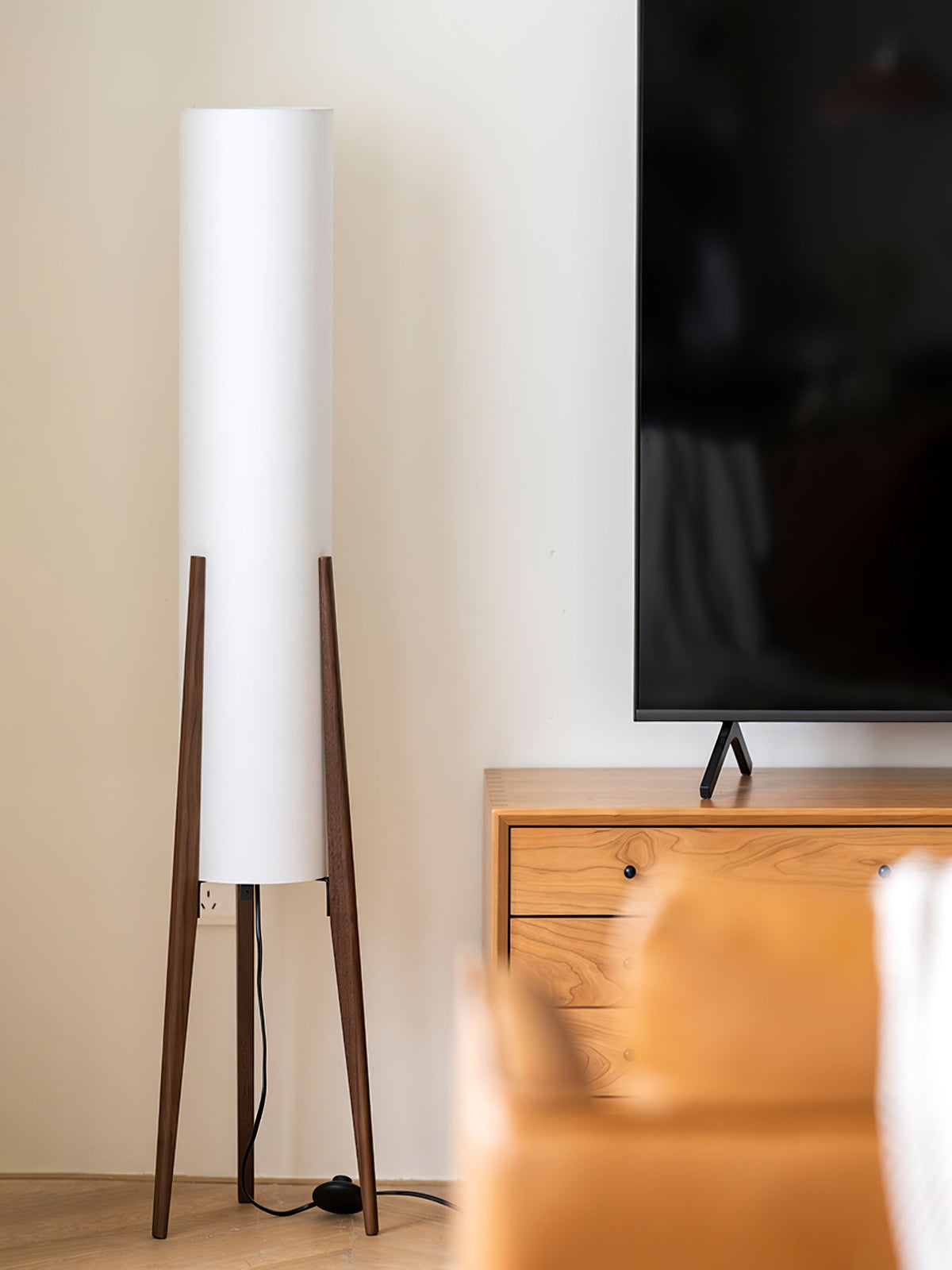 Tripod Wood Floor Lamp White Cylinder Shade 51.2 in Set of 3