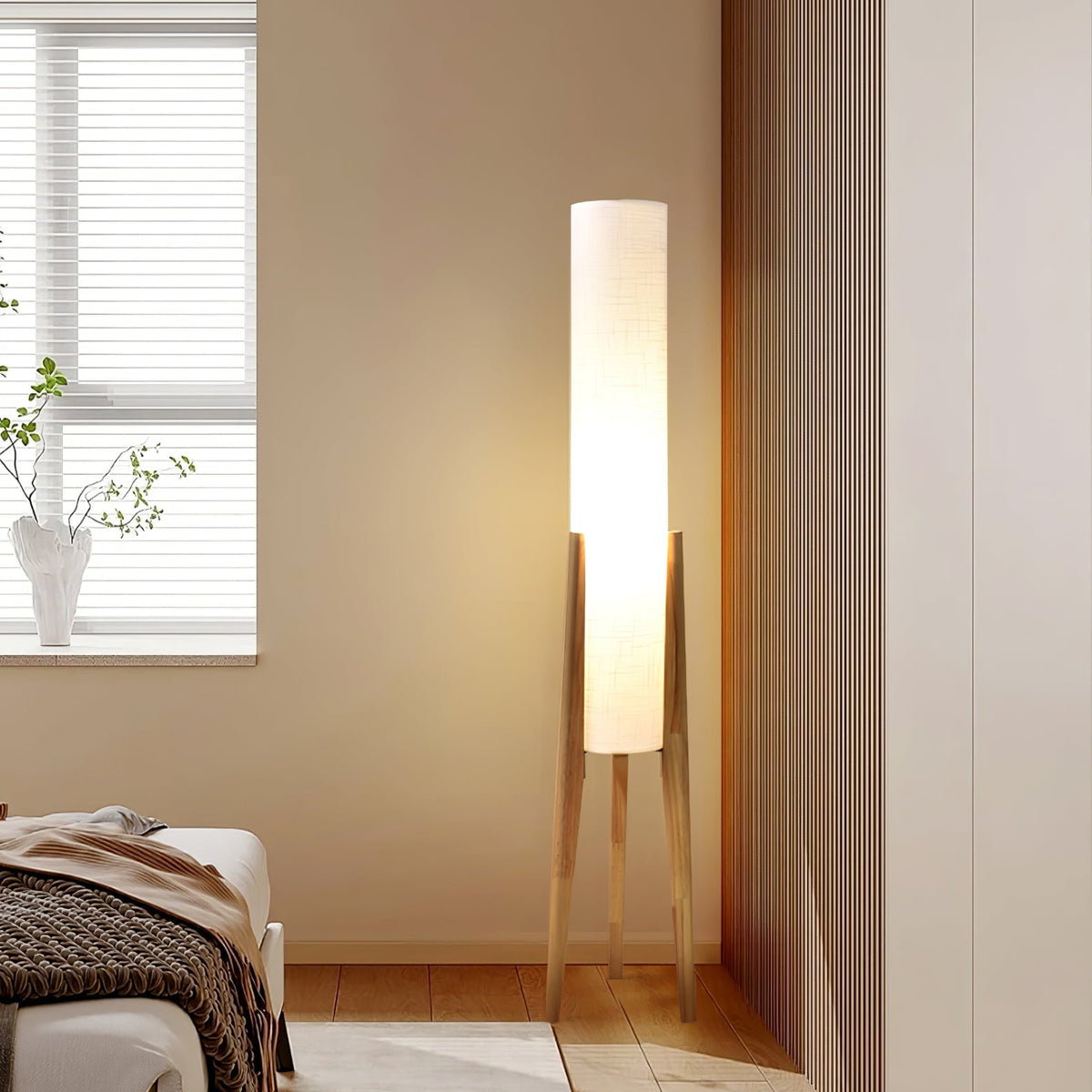 Tripod Wood Floor Lamp White Cylinder Shade 51.2 in Set of 3