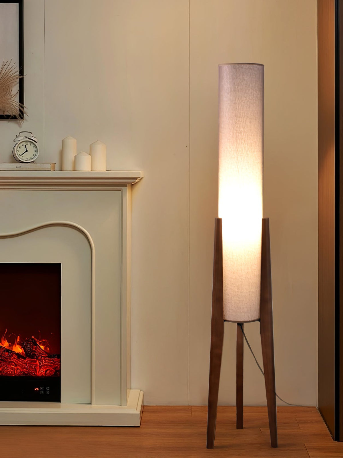 Tripod Wood Floor Lamp White Cylinder Shade 51.2 in Set of 3