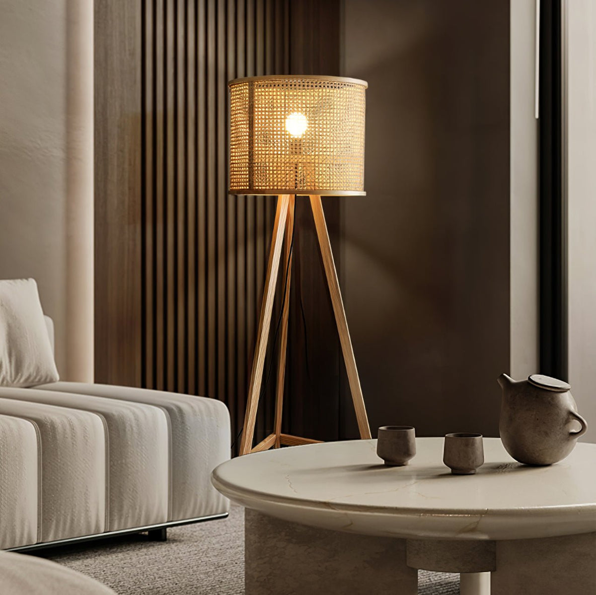 Tripod Wood Floor Lamp Woven Rattan Shade 61.8 in