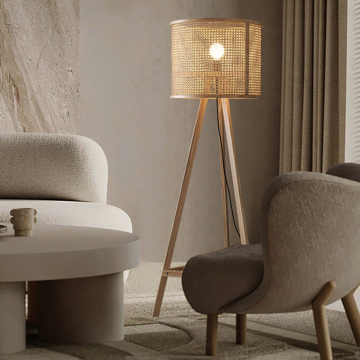 Tripod Wood Floor Lamp Woven Rattan Shade 61.8 in