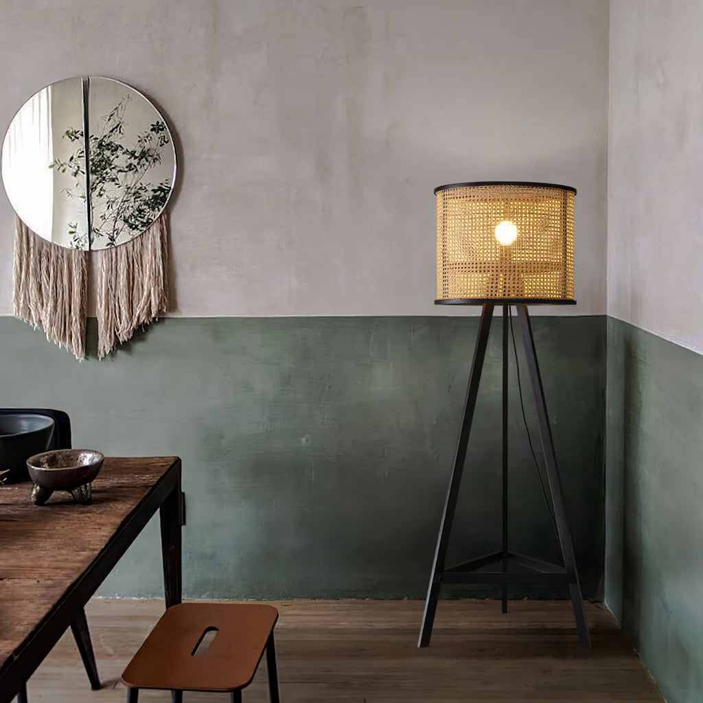 Tripod Wood Floor Lamp Woven Rattan Shade 61.8 in