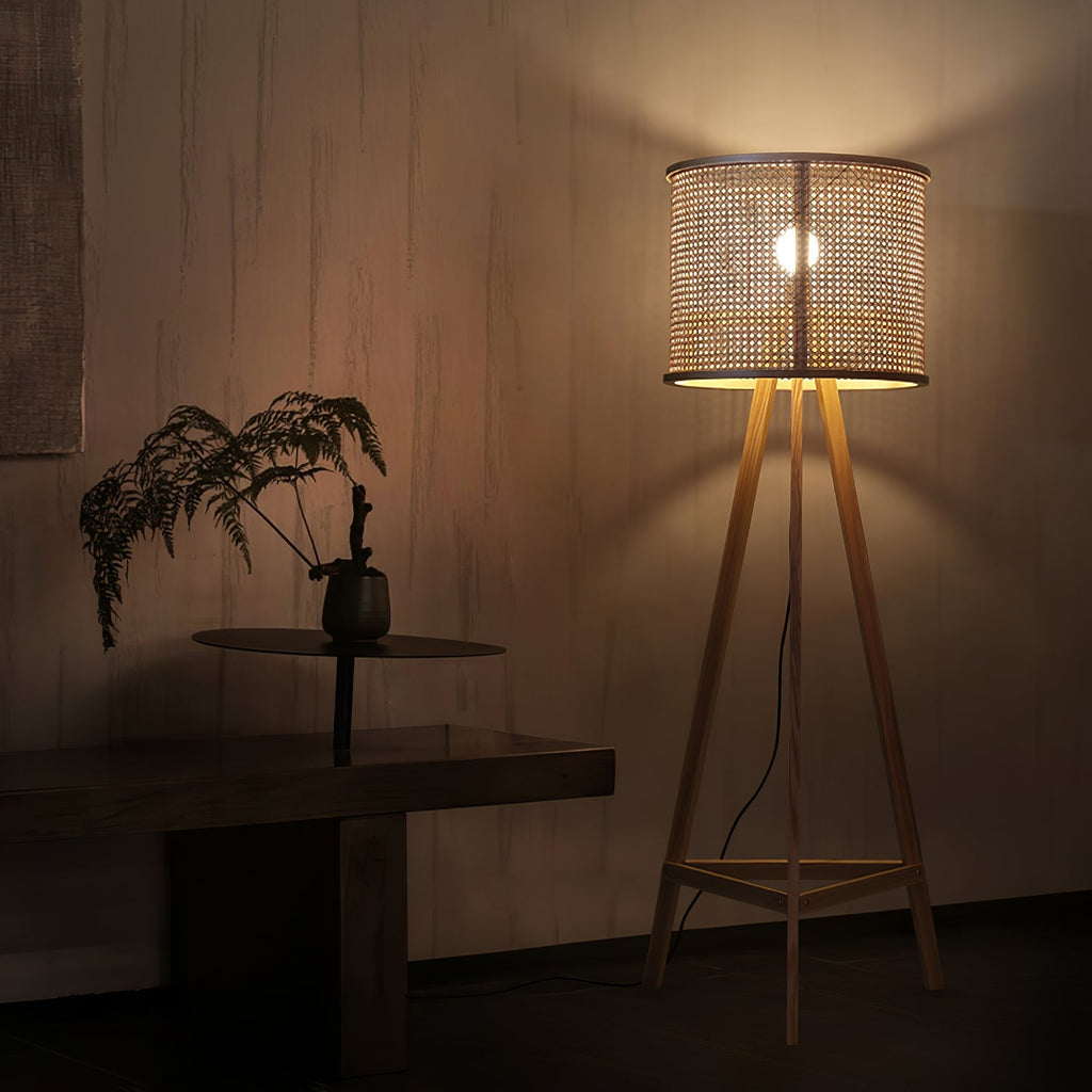 Tripod Wood Floor Lamp Woven Rattan Shade 61.8 in