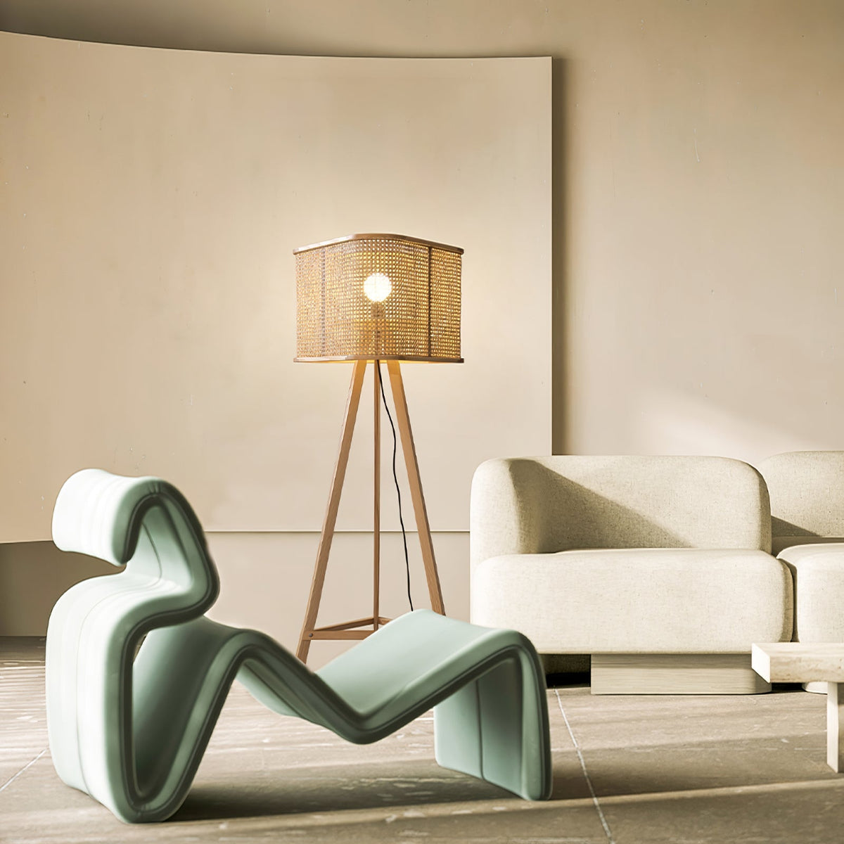 Tripod Wood Floor Lamp Woven Rattan Shade 61.8 in