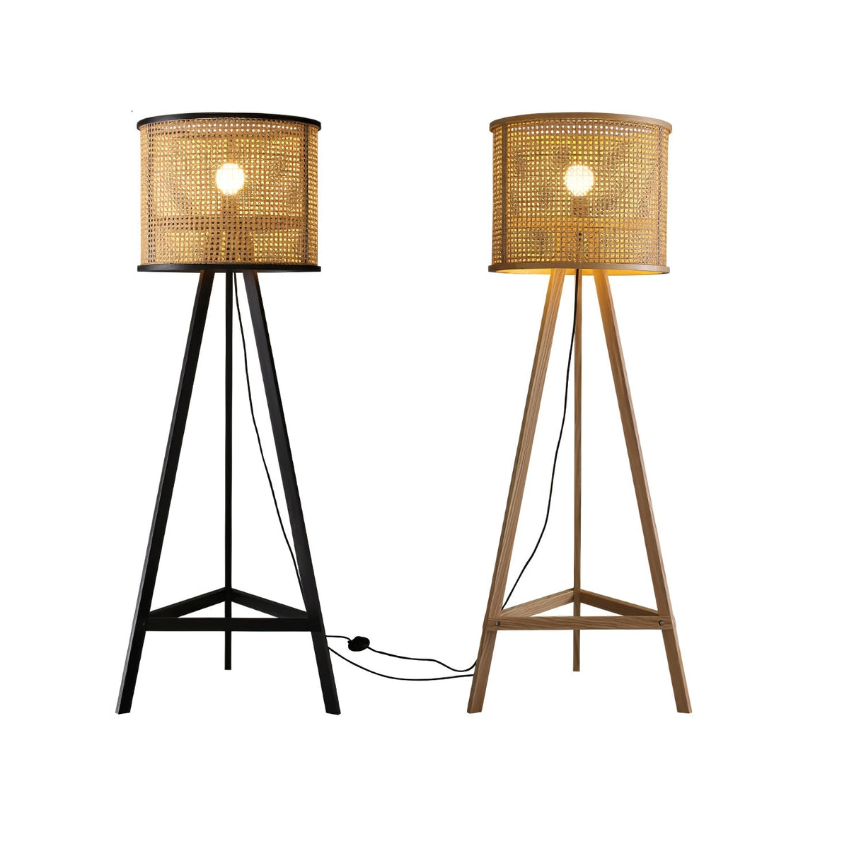 Tripod Wood Floor Lamp Woven Rattan Shade 61.8 in