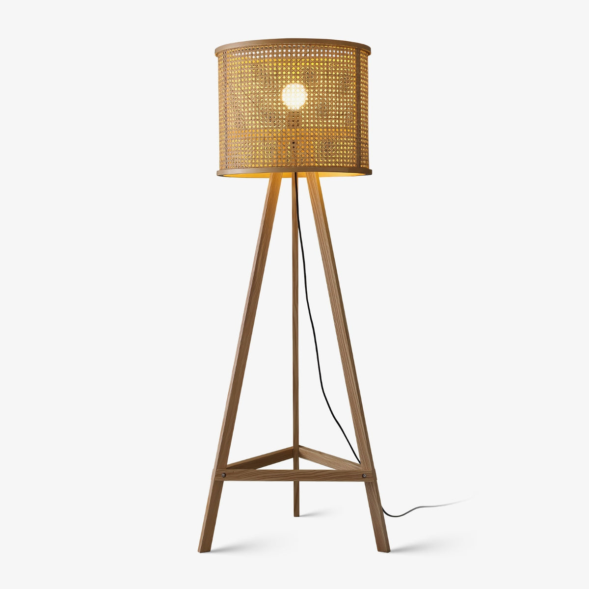 Tripod Wood Floor Lamp Woven Rattan Shade 61.8 in