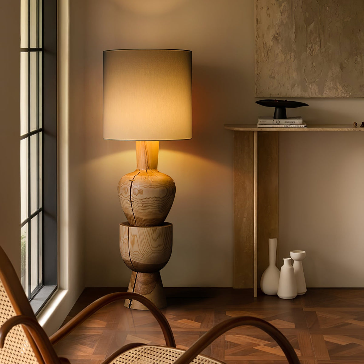 Turned Solid Wood Floor Lamp Fabric Drum Shade 51.9 in Set of 2
