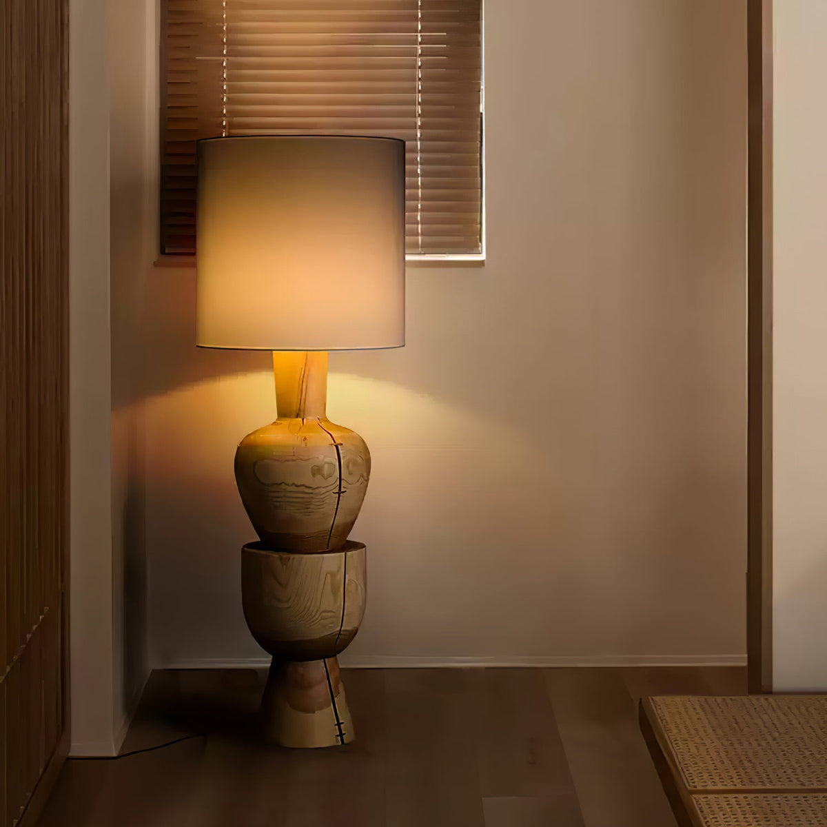 Turned Solid Wood Floor Lamp Fabric Drum Shade 51.9 in Set of 2