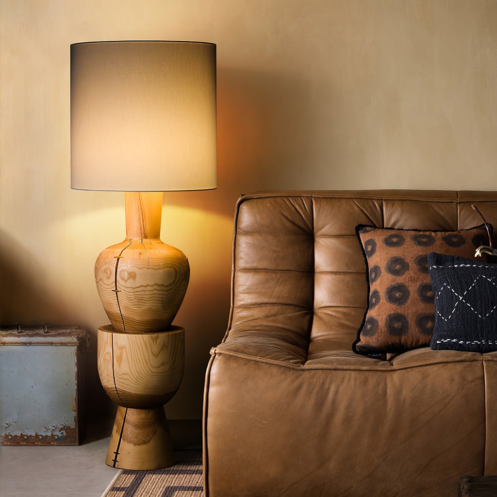 Turned Solid Wood Floor Lamp Fabric Drum Shade 51.9 in Set of 2