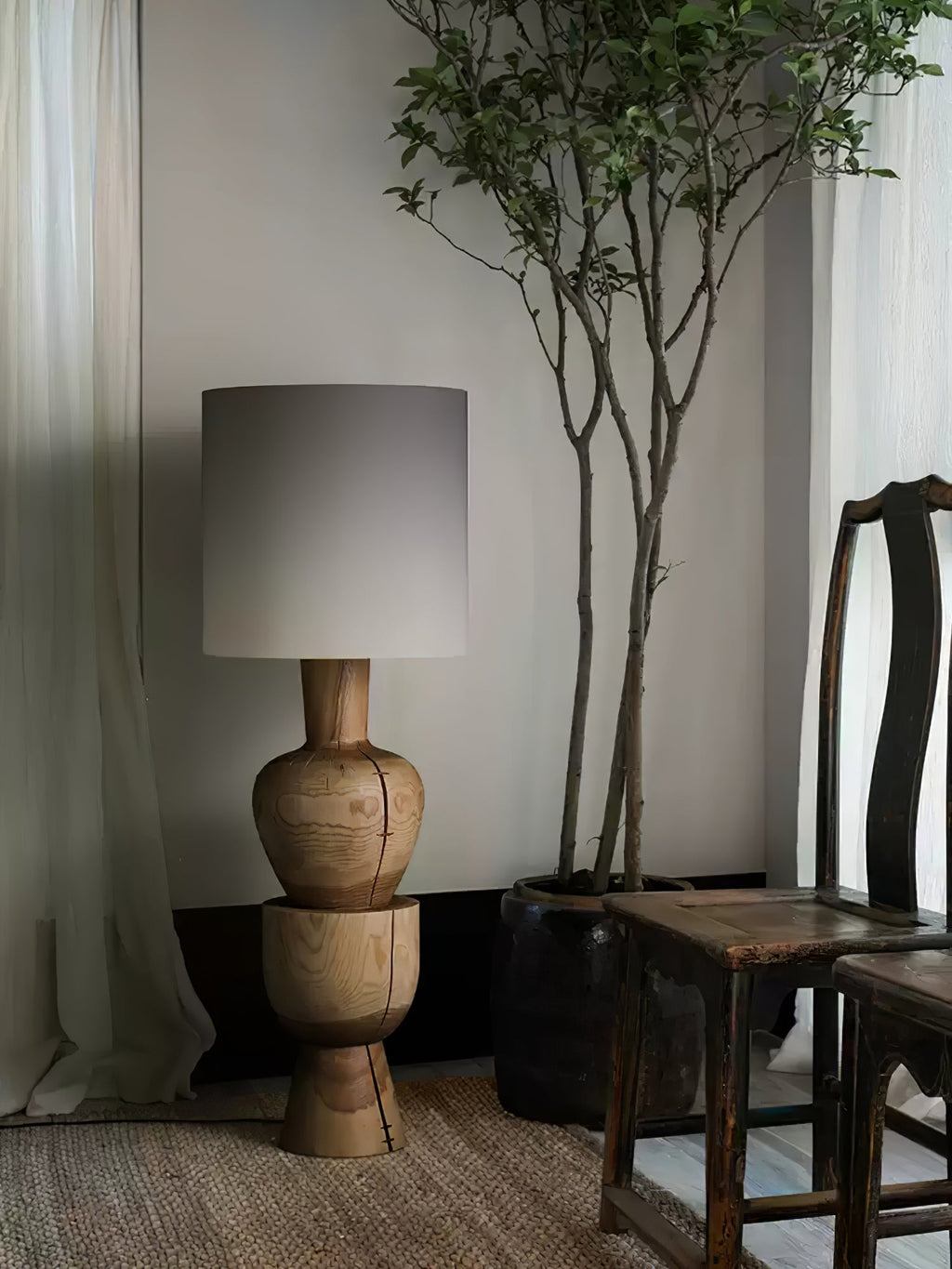 Turned Solid Wood Floor Lamp Fabric Drum Shade 51.9 in Set of 2