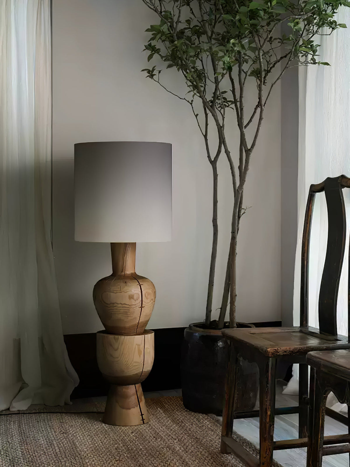 Turned Solid Wood Floor Lamp Fabric Drum Shade 51.9 in Set of 2