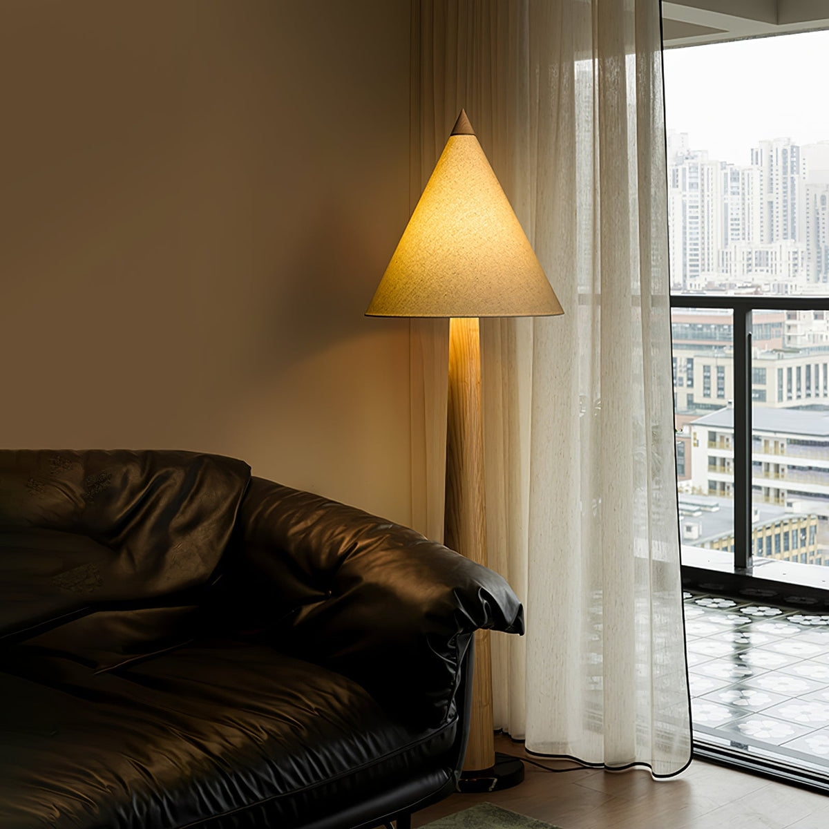 Turned Wood Floor Lamp Cone Linen Shade 66.9 in Set of 3