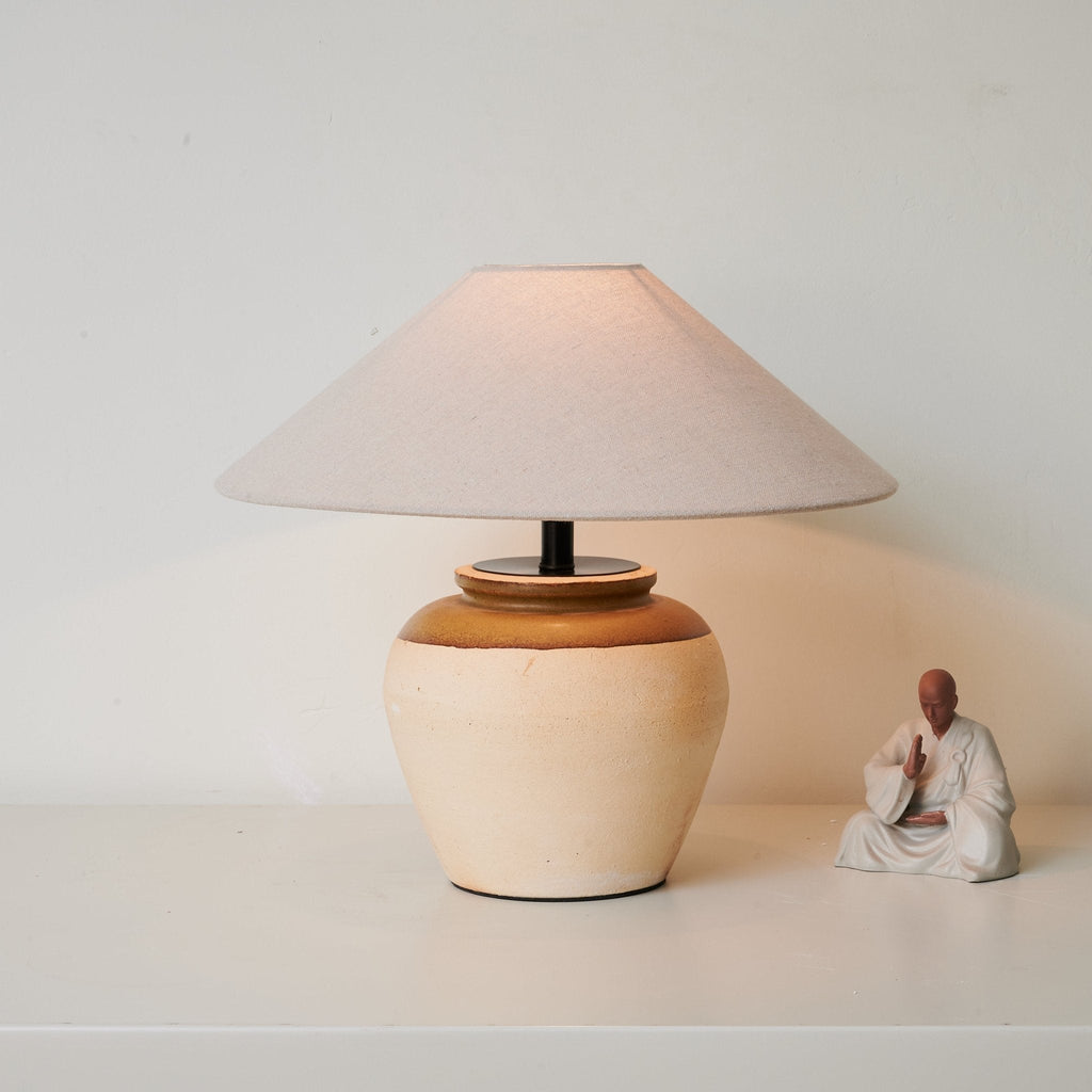 Two Tone Ceramic Table Lamp Beige Base Linen Shade 15.7 in Set of 3